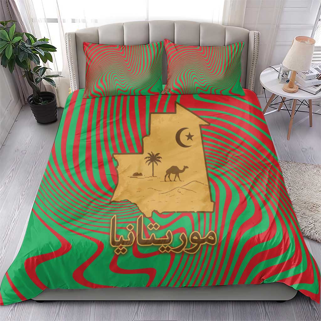 Mauritania Bedding Set - Desert Camel Crescent Moon and Palm Tree Graphic in Red Green Gold Pattern TS04