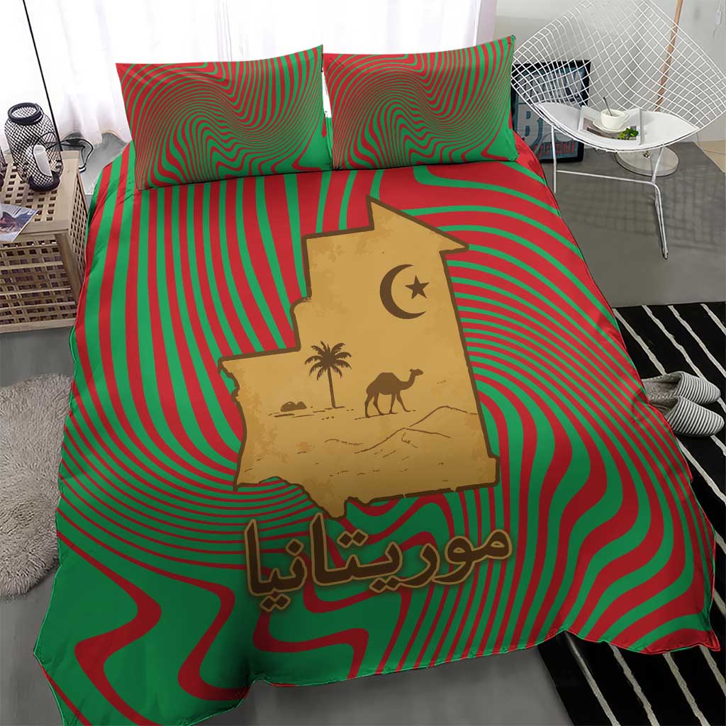 Mauritania Bedding Set - Desert Camel Crescent Moon and Palm Tree Graphic in Red Green Gold Pattern TS04