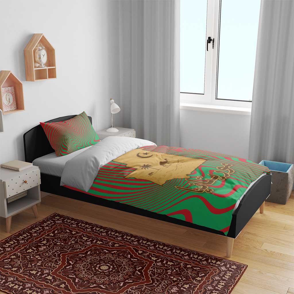 Mauritania Bedding Set - Desert Camel Crescent Moon and Palm Tree Graphic in Red Green Gold Pattern TS04