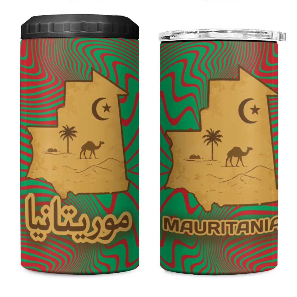 Mauritania 4 in 1 Can Cooler Tumbler - Desert Camel Crescent Moon and Palm Tree Graphic in Red Green Gold Pattern TS04