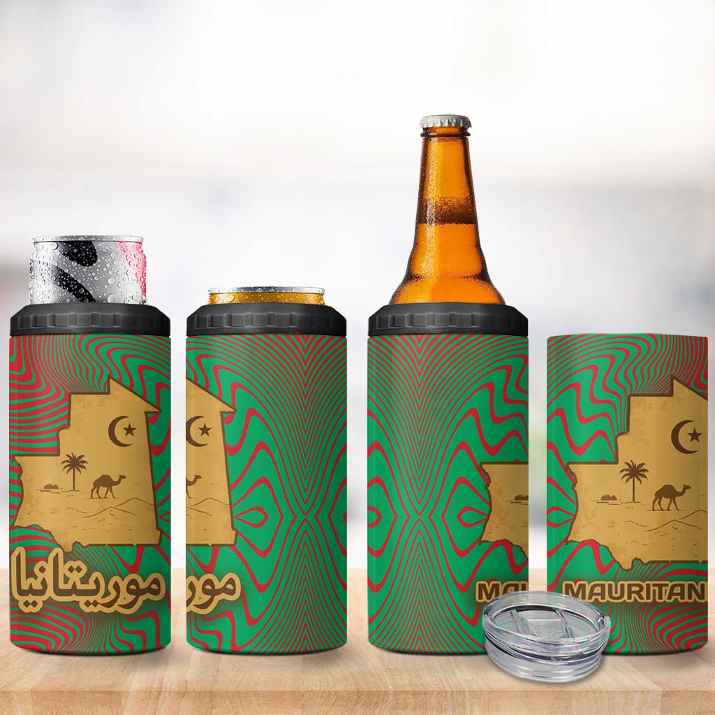 Mauritania 4 in 1 Can Cooler Tumbler - Desert Camel Crescent Moon and Palm Tree Graphic in Red Green Gold Pattern TS04