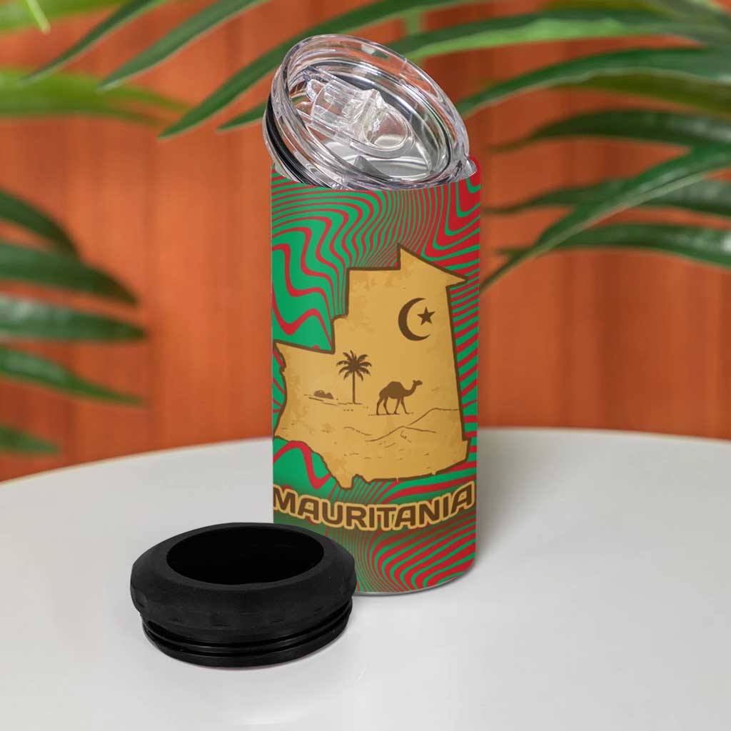 Mauritania 4 in 1 Can Cooler Tumbler - Desert Camel Crescent Moon and Palm Tree Graphic in Red Green Gold Pattern TS04