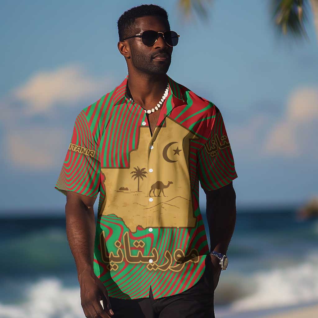 Mauritania Hawaiian Shirt - Desert Camel Crescent Moon and Palm Tree Graphic in Red Green Gold Pattern TS04