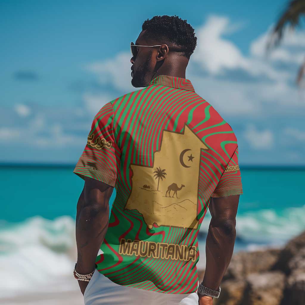 Mauritania Hawaiian Shirt - Desert Camel Crescent Moon and Palm Tree Graphic in Red Green Gold Pattern TS04