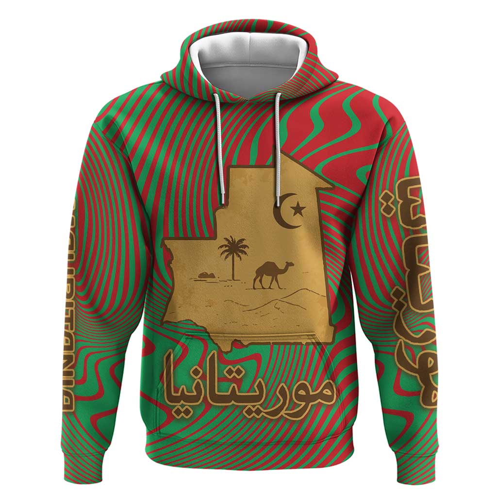 Mauritania Hoodie with Desert Camel Crescent Moon and Palm Tree Graphic in Red Green Gold Pattern TS04