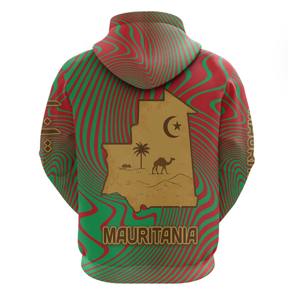 Mauritania Hoodie with Desert Camel Crescent Moon and Palm Tree Graphic in Red Green Gold Pattern TS04