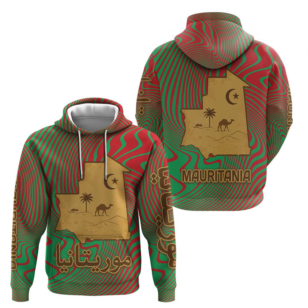 Mauritania Hoodie with Desert Camel Crescent Moon and Palm Tree Graphic in Red Green Gold Pattern TS04