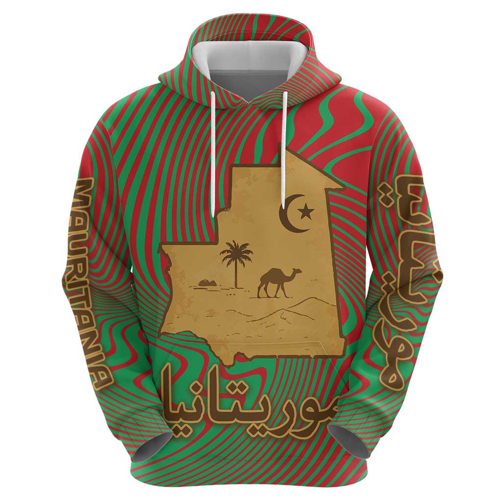 Mauritania Hoodie with Desert Camel Crescent Moon and Palm Tree Graphic in Red Green Gold Pattern TS04