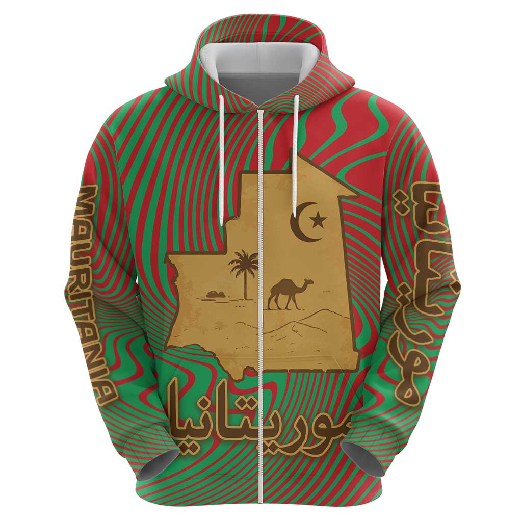 Mauritania Hoodie with Desert Camel Crescent Moon and Palm Tree Graphic in Red Green Gold Pattern TS04