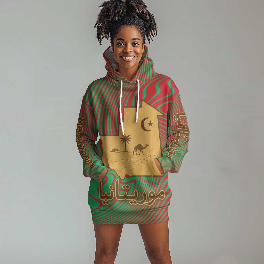 Mauritania Hoodie Dress - Desert Camel Crescent Moon and Palm Tree Graphic in Red Green Gold Pattern TS04