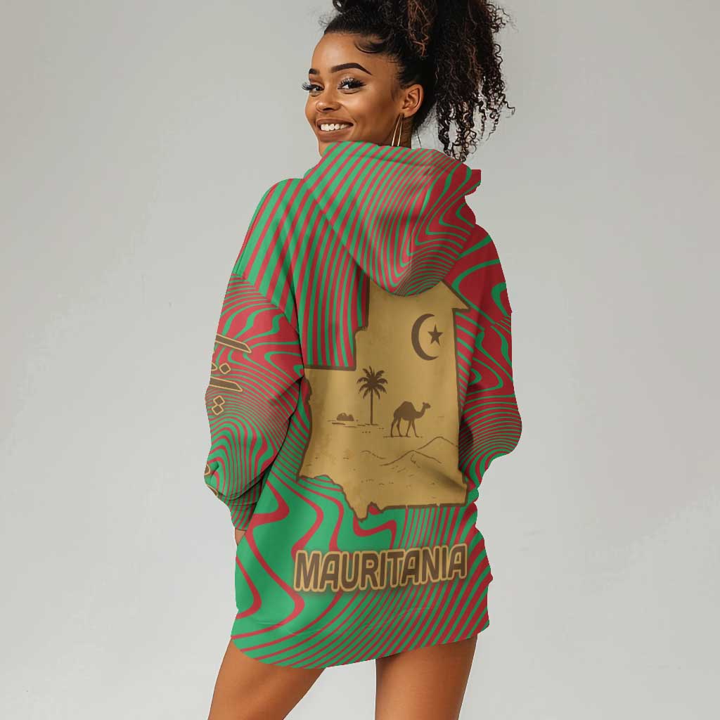 Mauritania Hoodie Dress - Desert Camel Crescent Moon and Palm Tree Graphic in Red Green Gold Pattern TS04