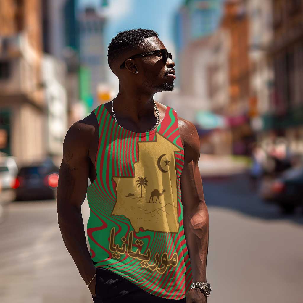 Mauritania Men Tank Top - Desert Camel Crescent Moon and Palm Tree Graphic in Red Green Gold Pattern TS04
