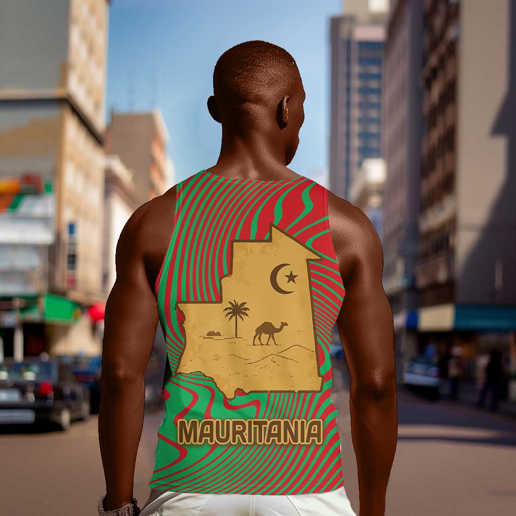 Mauritania Men Tank Top - Desert Camel Crescent Moon and Palm Tree Graphic in Red Green Gold Pattern TS04