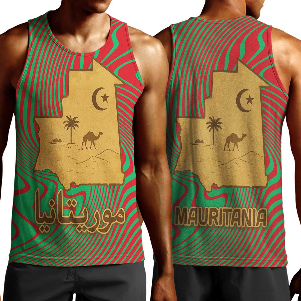 Mauritania Men Tank Top - Desert Camel Crescent Moon and Palm Tree Graphic in Red Green Gold Pattern TS04