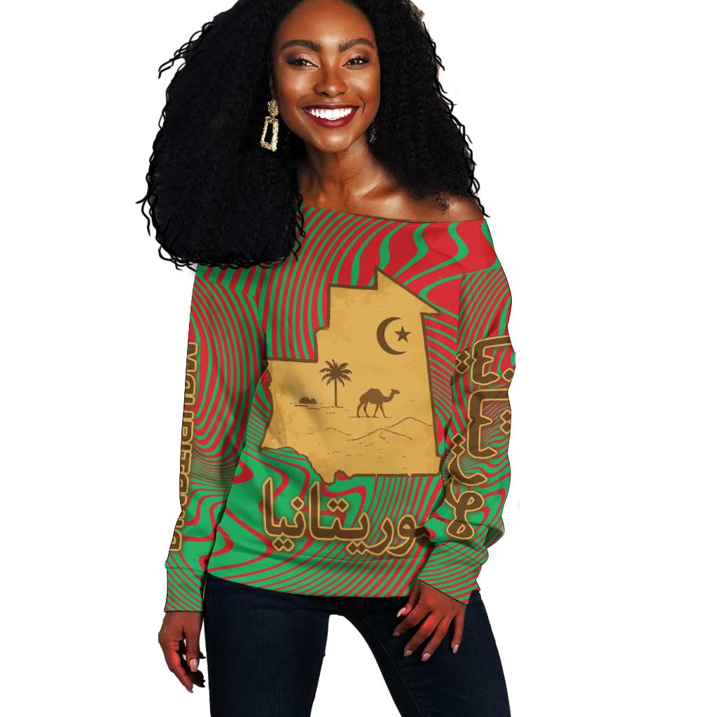 Mauritania Off Shoulder Sweater - Desert Camel Crescent Moon and Palm Tree Graphic in Red Green Gold Pattern TS04