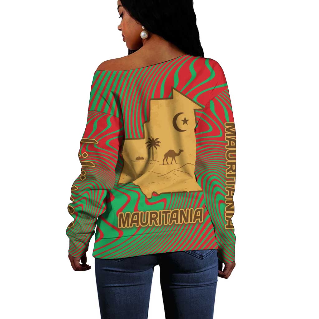 Mauritania Off Shoulder Sweater - Desert Camel Crescent Moon and Palm Tree Graphic in Red Green Gold Pattern TS04