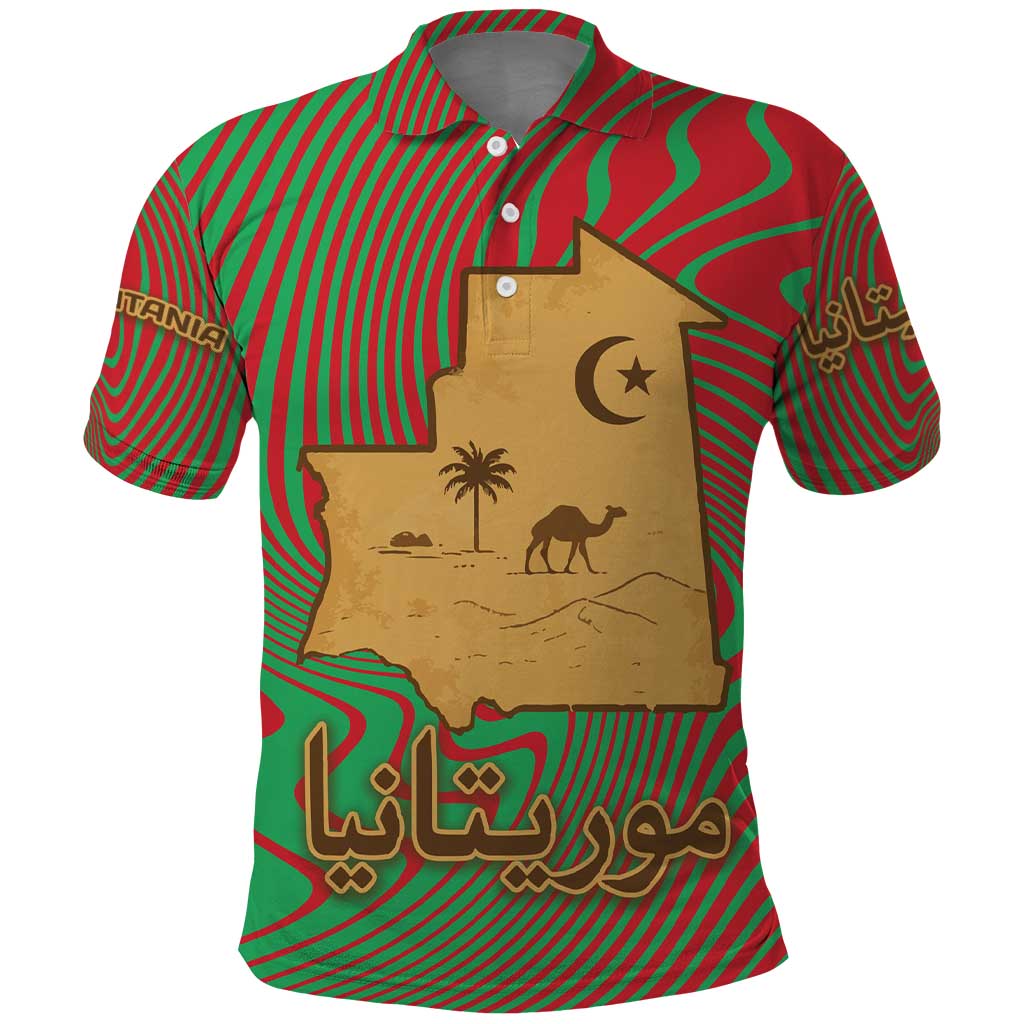 Mauritania Polo Shirt with Desert Camel Crescent Moon and Palm Tree Graphic in Red Green Gold Pattern TS04