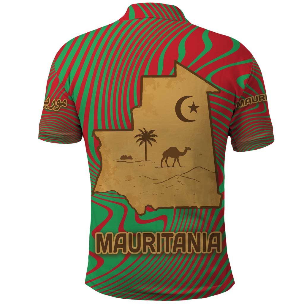 Mauritania Polo Shirt with Desert Camel Crescent Moon and Palm Tree Graphic in Red Green Gold Pattern TS04