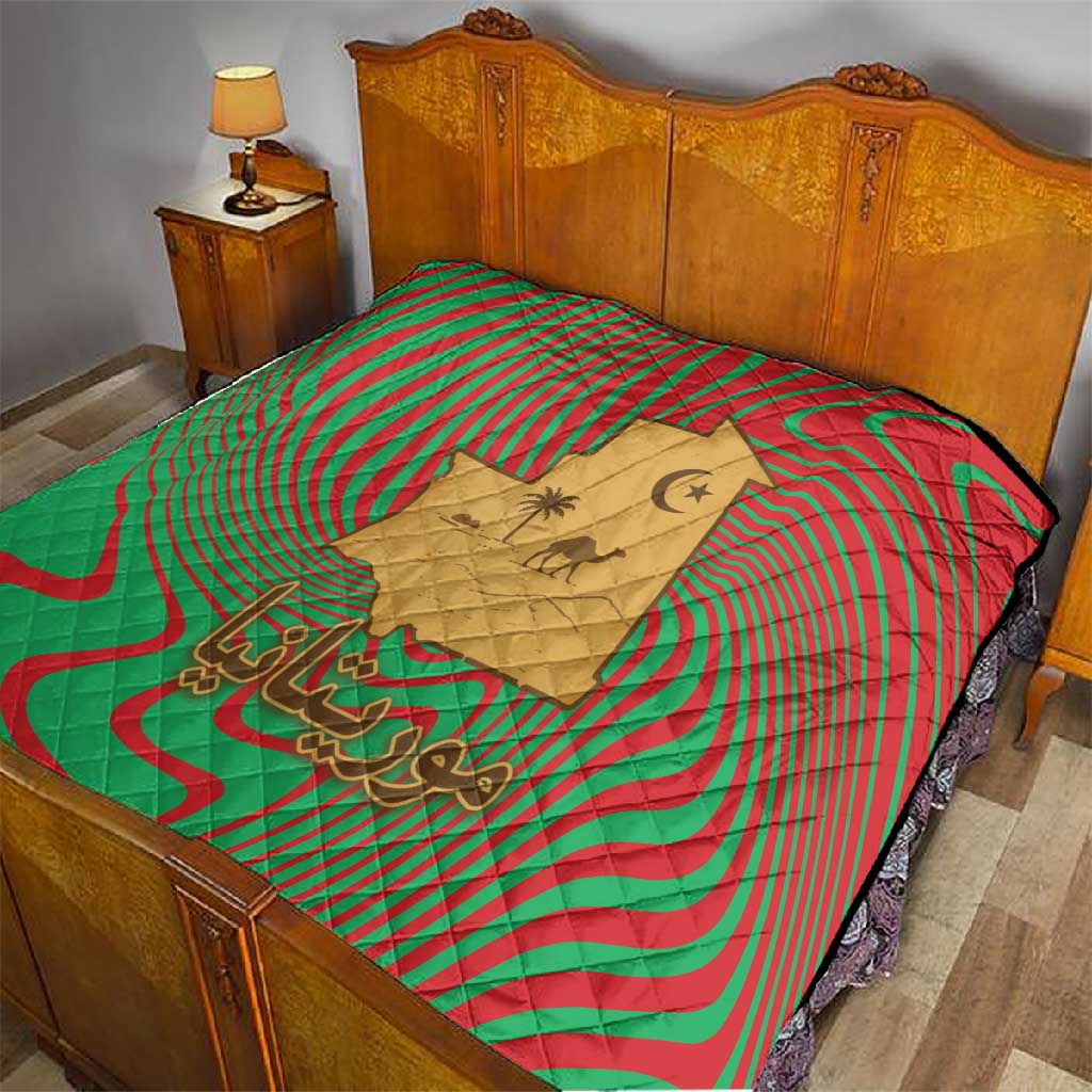 Mauritania Quilt - Desert Camel Crescent Moon and Palm Tree Graphic in Red Green Gold Pattern TS04