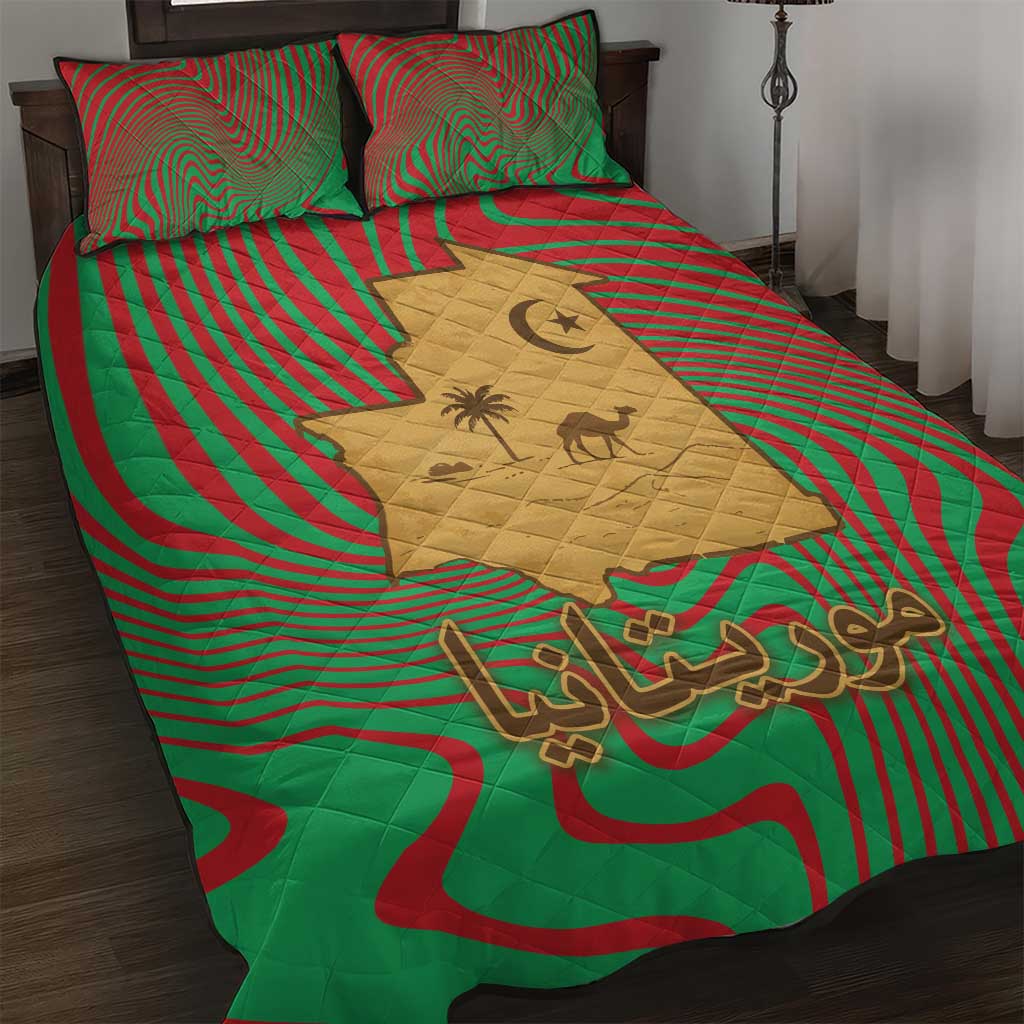 Mauritania Quilt Bed Set - Desert Camel Crescent Moon and Palm Tree Graphic in Red Green Gold Pattern TS04