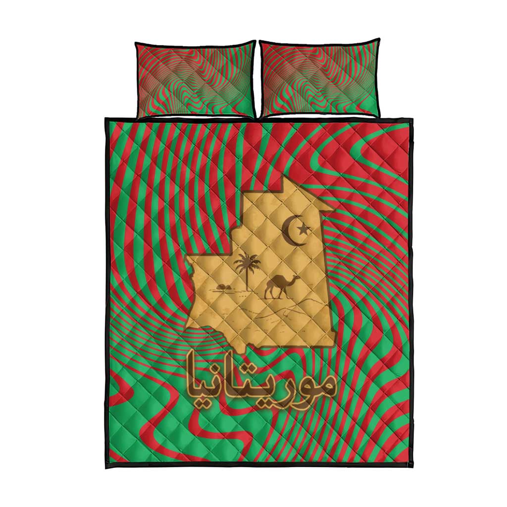 Mauritania Quilt Bed Set - Desert Camel Crescent Moon and Palm Tree Graphic in Red Green Gold Pattern TS04