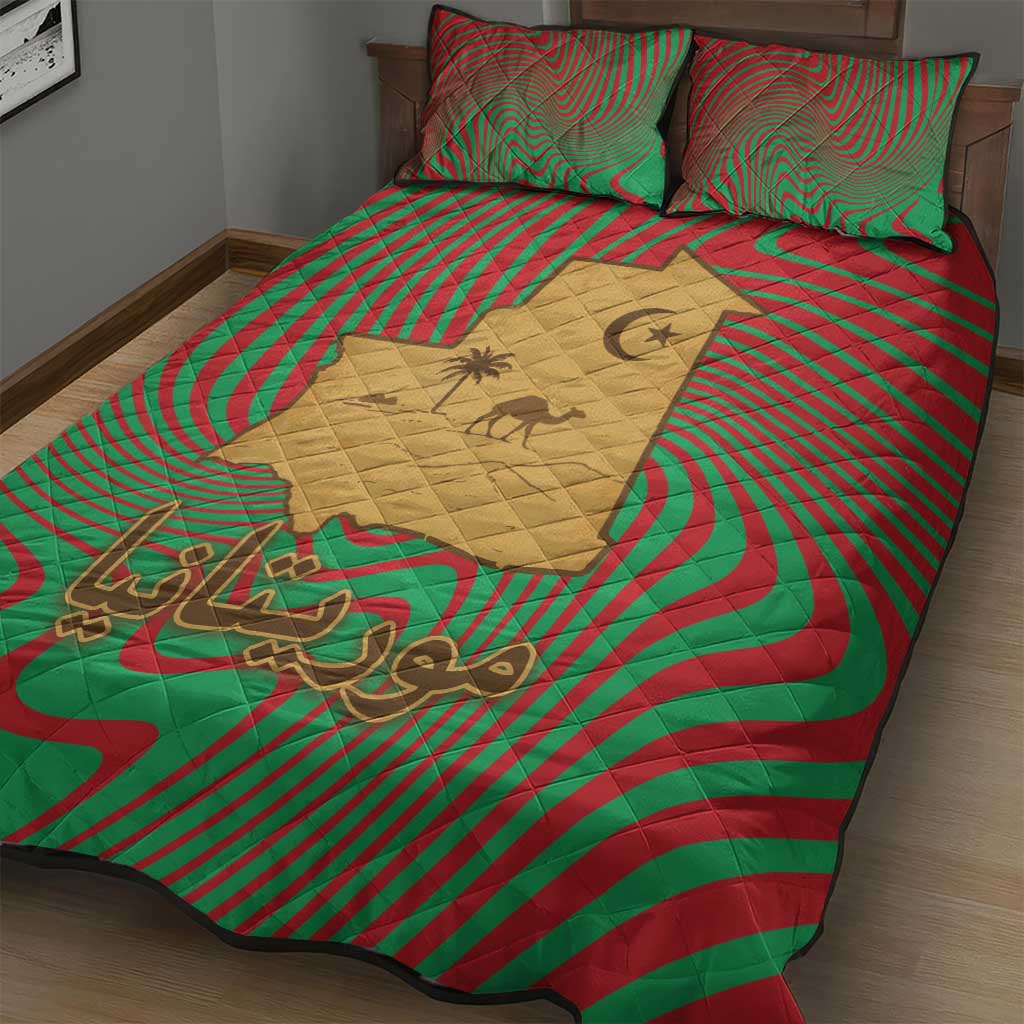 Mauritania Quilt Bed Set - Desert Camel Crescent Moon and Palm Tree Graphic in Red Green Gold Pattern TS04
