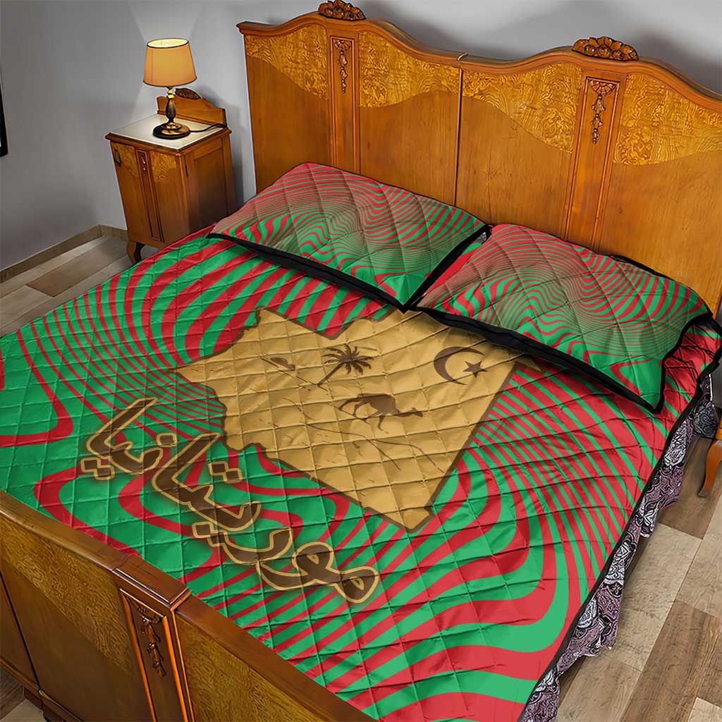 Mauritania Quilt Bed Set - Desert Camel Crescent Moon and Palm Tree Graphic in Red Green Gold Pattern TS04