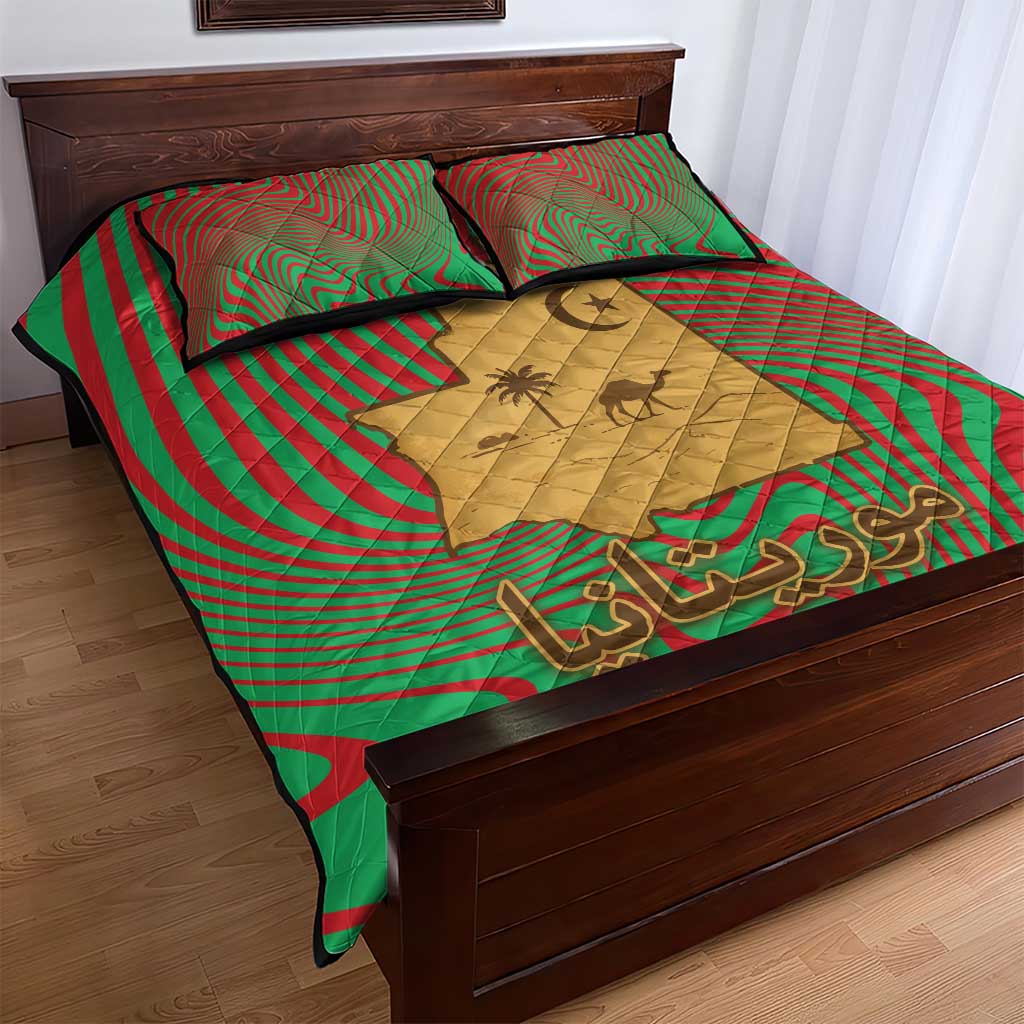 Mauritania Quilt Bed Set - Desert Camel Crescent Moon and Palm Tree Graphic in Red Green Gold Pattern TS04