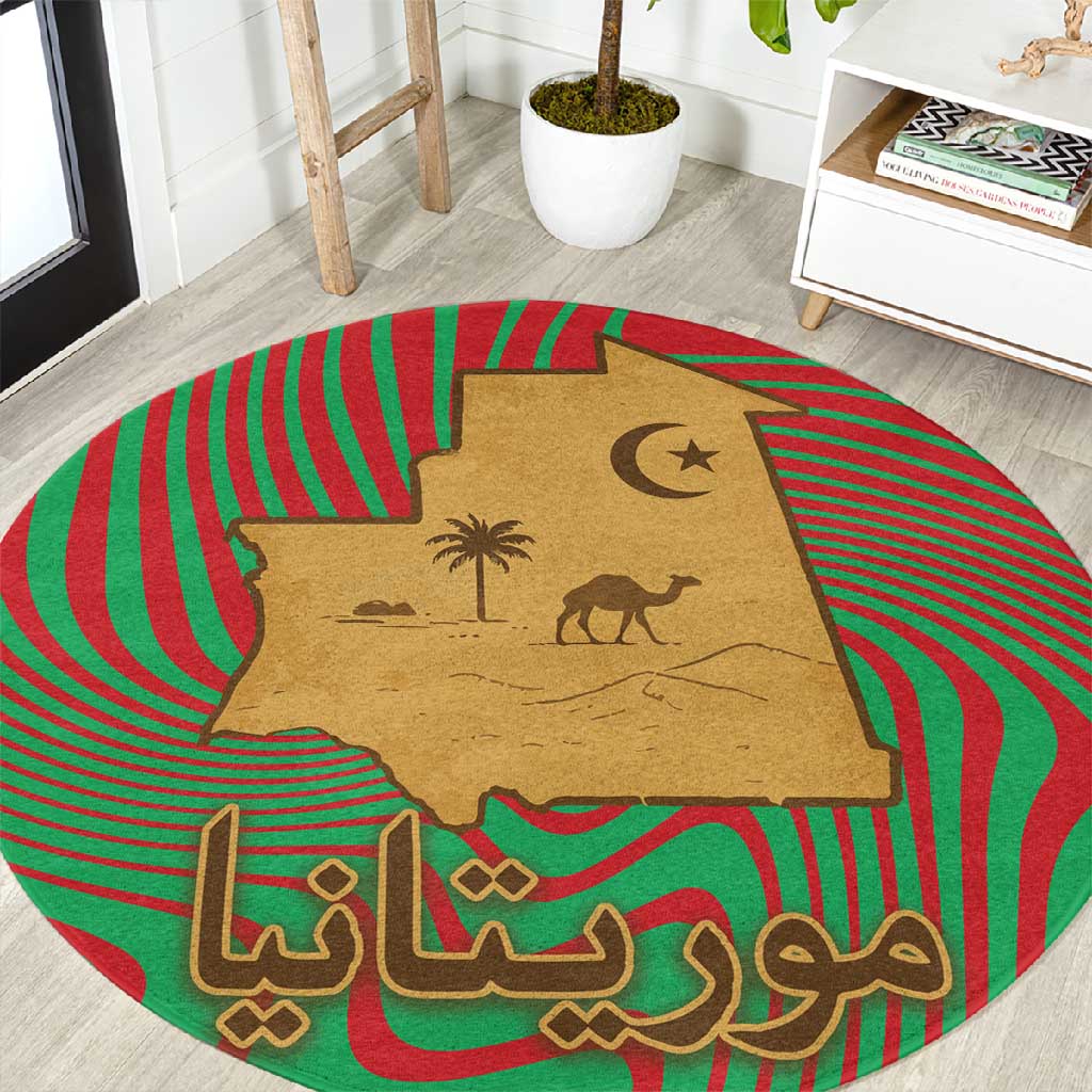 Mauritania Round Carpet - Desert Camel Crescent Moon and Palm Tree Graphic in Red Green Gold Pattern TS04