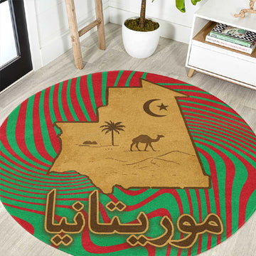 Mauritania Round Carpet - Desert Camel Crescent Moon and Palm Tree Graphic in Red Green Gold Pattern TS04