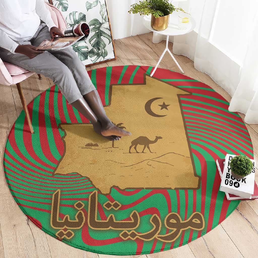 Mauritania Round Carpet - Desert Camel Crescent Moon and Palm Tree Graphic in Red Green Gold Pattern TS04