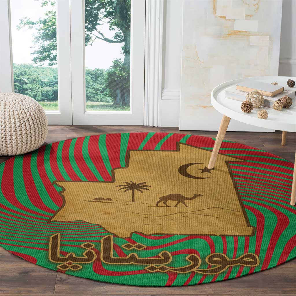 Mauritania Round Carpet - Desert Camel Crescent Moon and Palm Tree Graphic in Red Green Gold Pattern TS04