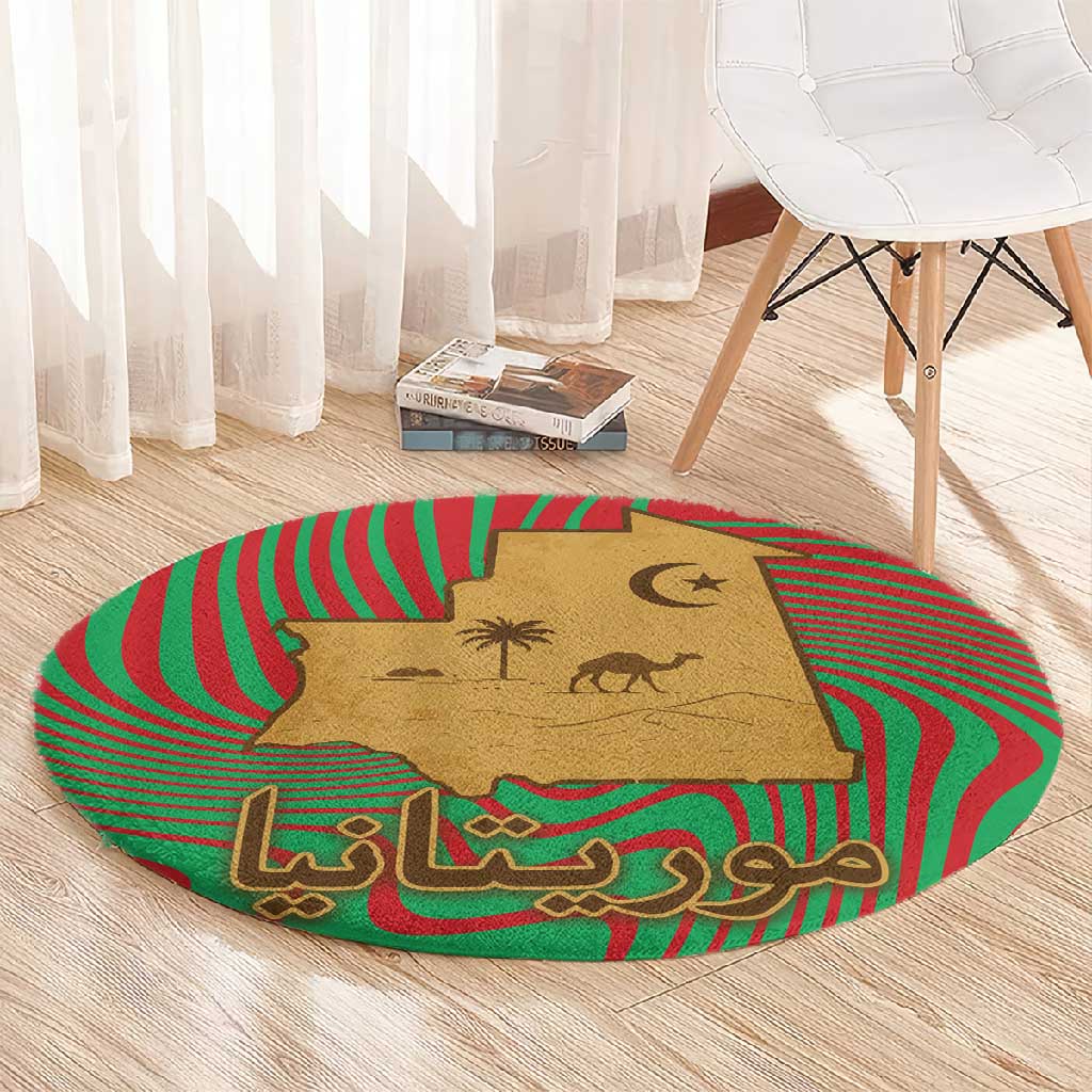 Mauritania Round Carpet - Desert Camel Crescent Moon and Palm Tree Graphic in Red Green Gold Pattern TS04