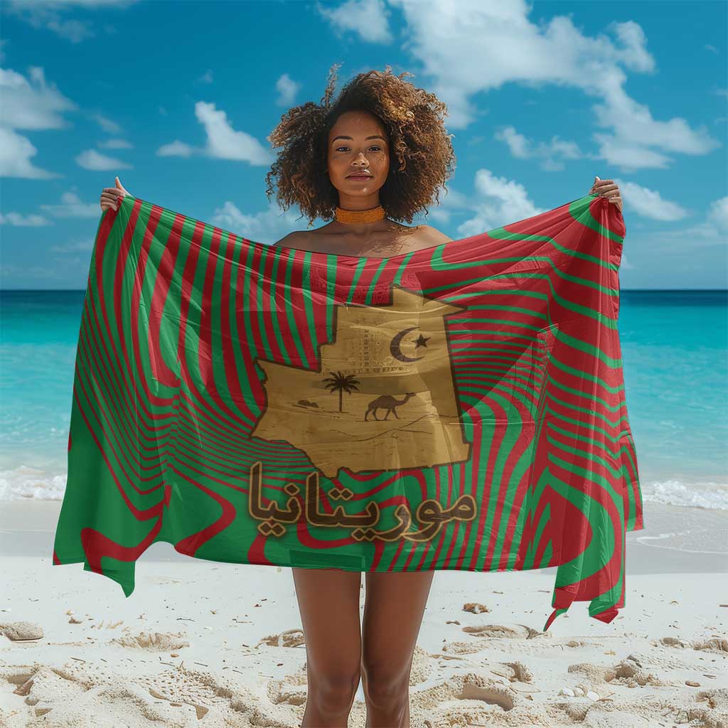 Mauritania Sarong - Desert Camel Crescent Moon and Palm Tree Graphic in Red Green Gold Pattern TS04