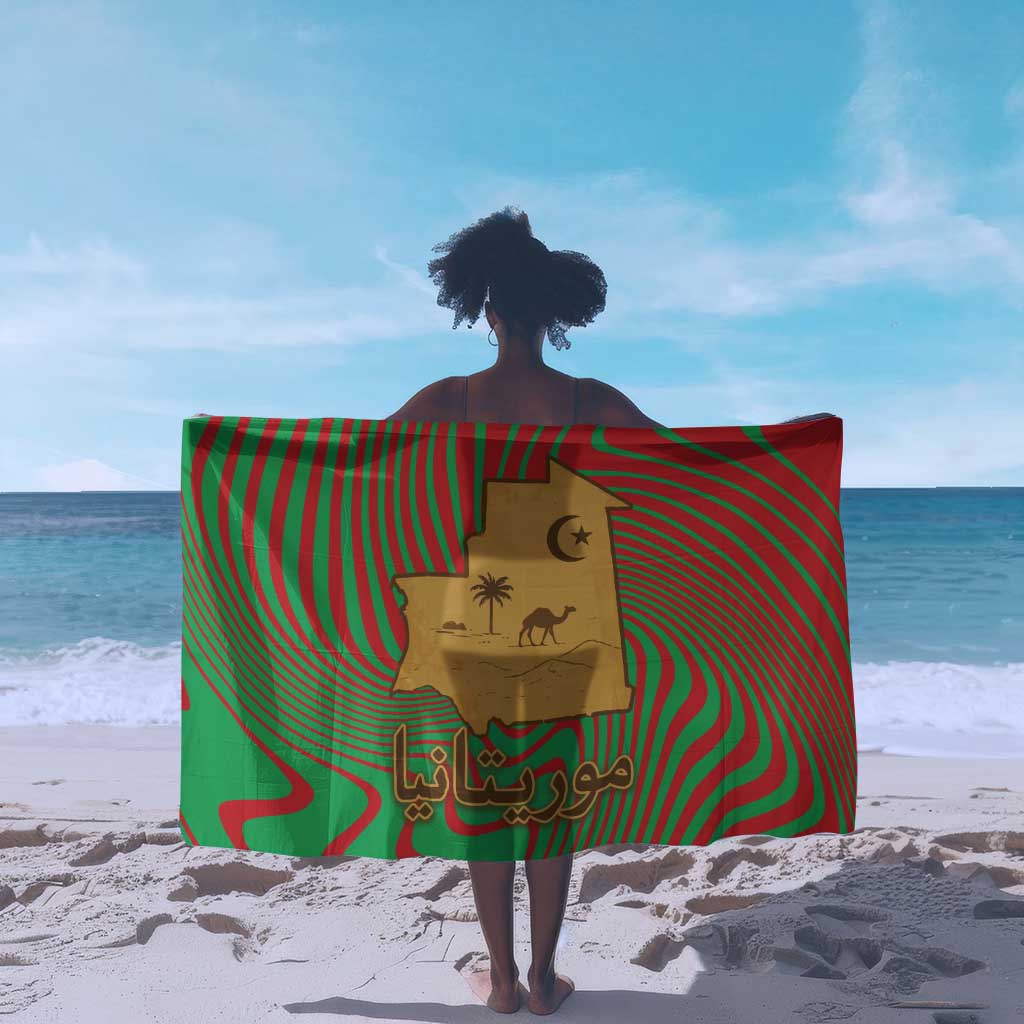 Mauritania Sarong - Desert Camel Crescent Moon and Palm Tree Graphic in Red Green Gold Pattern TS04