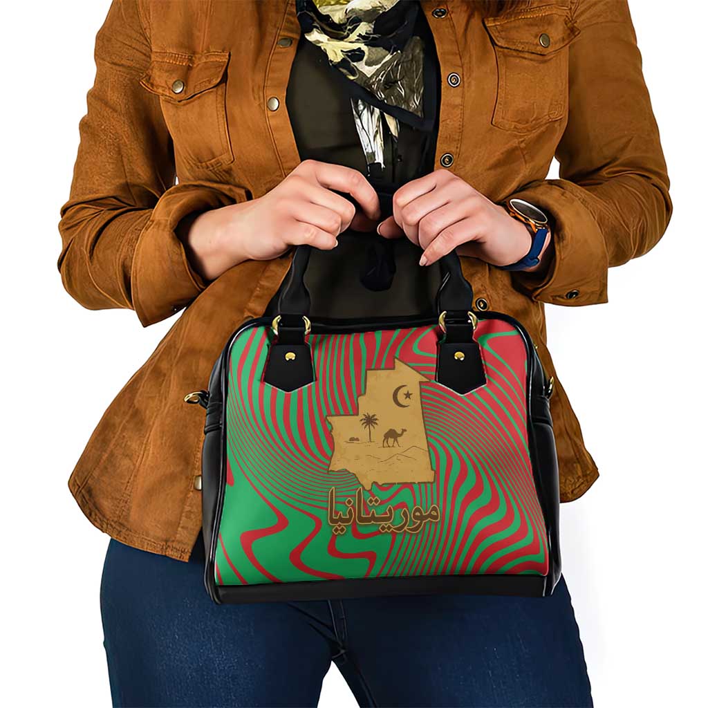 Mauritania Shoulder Handbag with Desert Camel Crescent Moon and Palm Tree Graphic in Red Green Gold Pattern TS04
