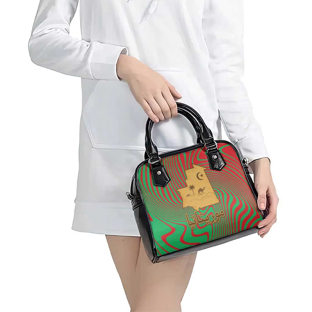 Mauritania Shoulder Handbag with Desert Camel Crescent Moon and Palm Tree Graphic in Red Green Gold Pattern TS04