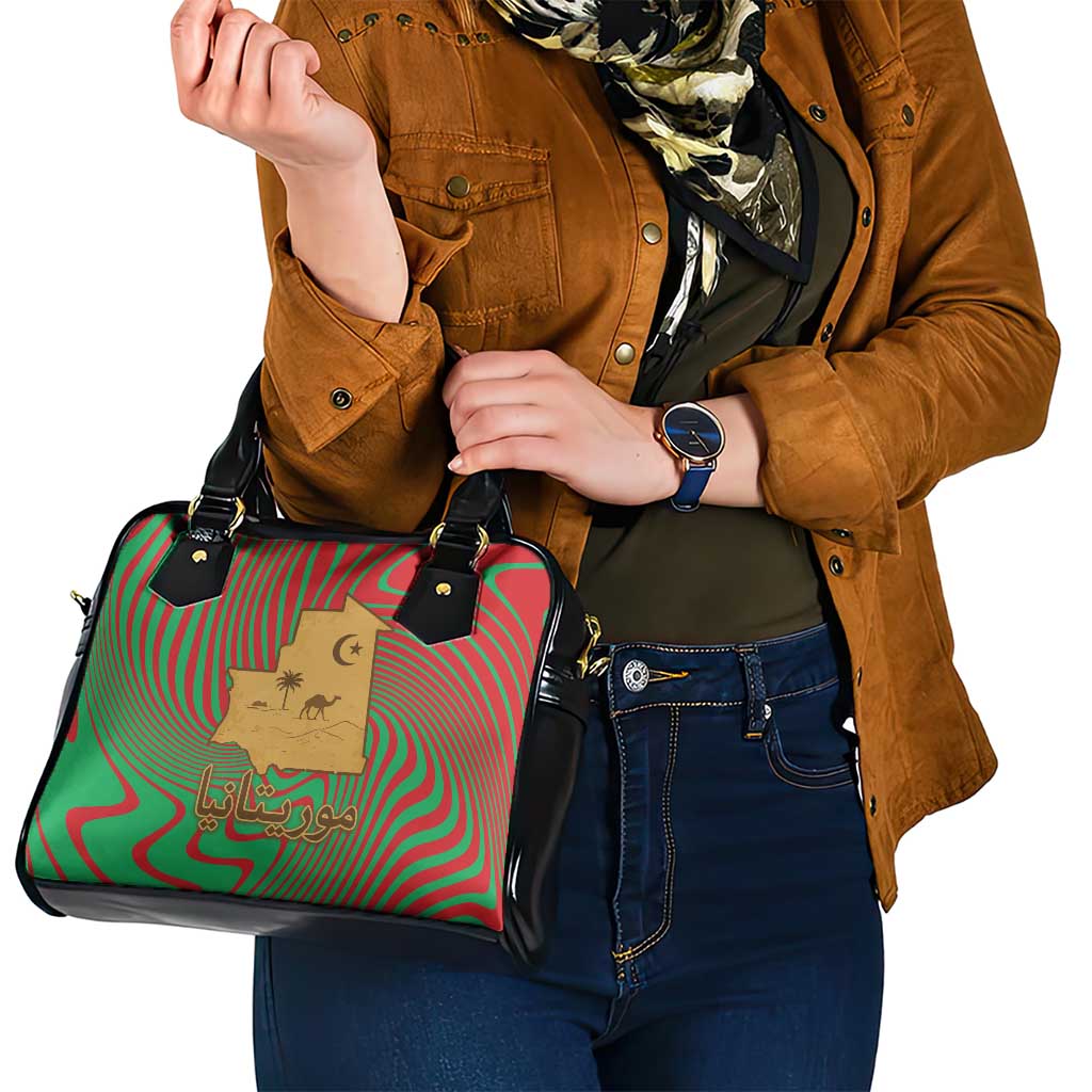 Mauritania Shoulder Handbag with Desert Camel Crescent Moon and Palm Tree Graphic in Red Green Gold Pattern TS04