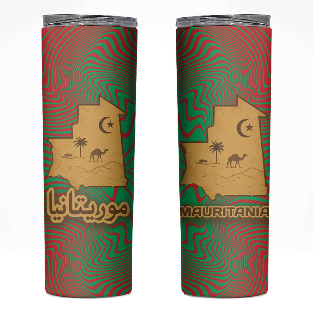 Mauritania Skinny Tumbler - Desert Camel Crescent Moon and Palm Tree Graphic in Red Green Gold Pattern TS04