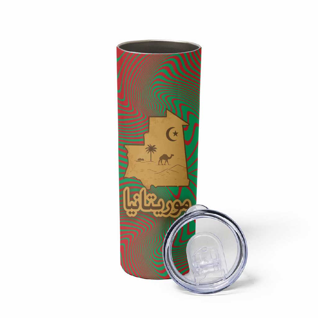 Mauritania Skinny Tumbler - Desert Camel Crescent Moon and Palm Tree Graphic in Red Green Gold Pattern TS04