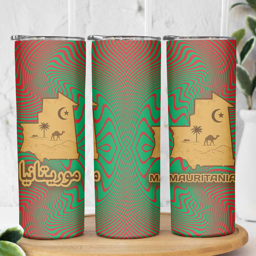 Mauritania Skinny Tumbler - Desert Camel Crescent Moon and Palm Tree Graphic in Red Green Gold Pattern TS04