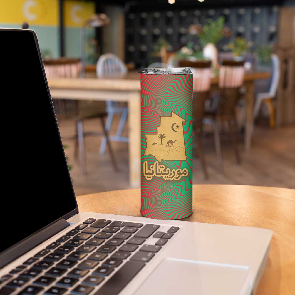 Mauritania Skinny Tumbler - Desert Camel Crescent Moon and Palm Tree Graphic in Red Green Gold Pattern TS04