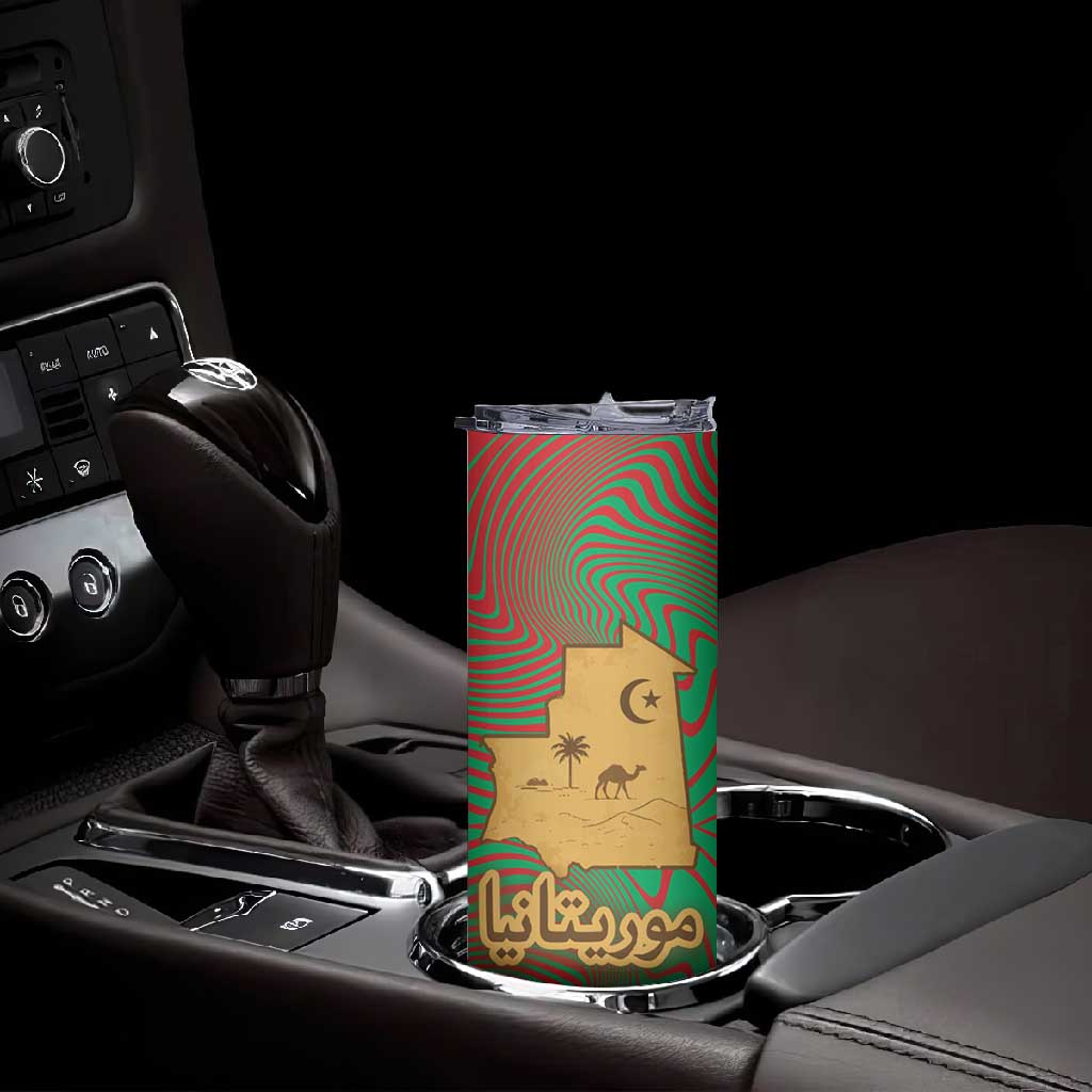 Mauritania Skinny Tumbler - Desert Camel Crescent Moon and Palm Tree Graphic in Red Green Gold Pattern TS04