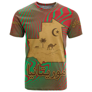 Mauritania T shirt - Desert Camel Crescent Moon and Palm Tree Graphic in Red Green Gold Pattern TS04