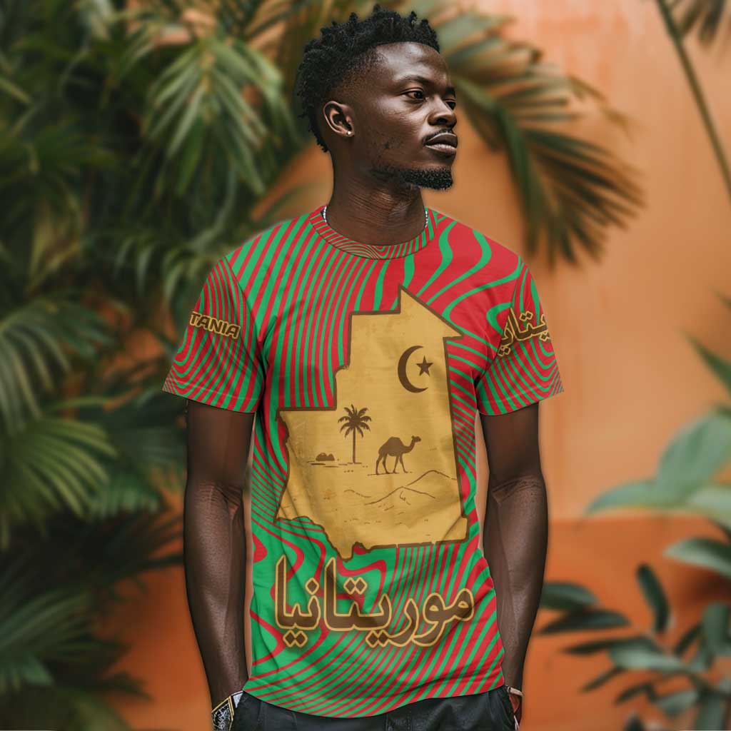 Mauritania T shirt - Desert Camel Crescent Moon and Palm Tree Graphic in Red Green Gold Pattern TS04