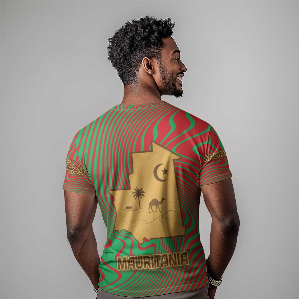 Mauritania T shirt - Desert Camel Crescent Moon and Palm Tree Graphic in Red Green Gold Pattern TS04