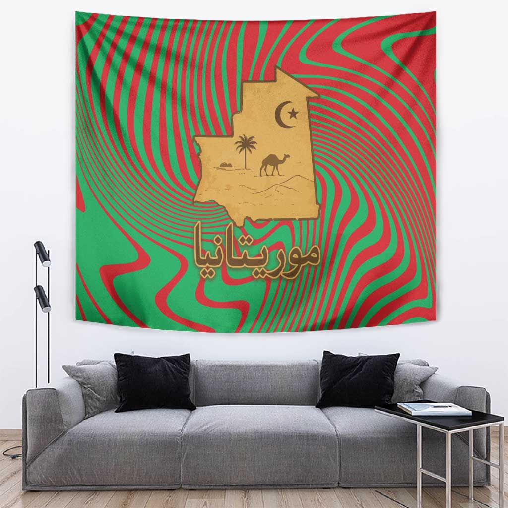Mauritania Tapestry - Desert Camel Crescent Moon and Palm Tree Graphic in Red Green Gold Pattern TS04