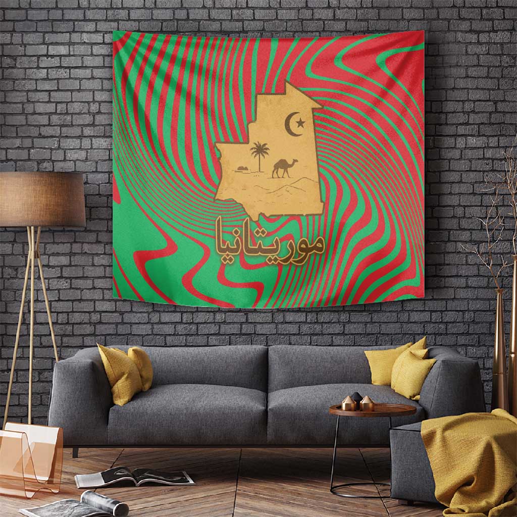 Mauritania Tapestry - Desert Camel Crescent Moon and Palm Tree Graphic in Red Green Gold Pattern TS04