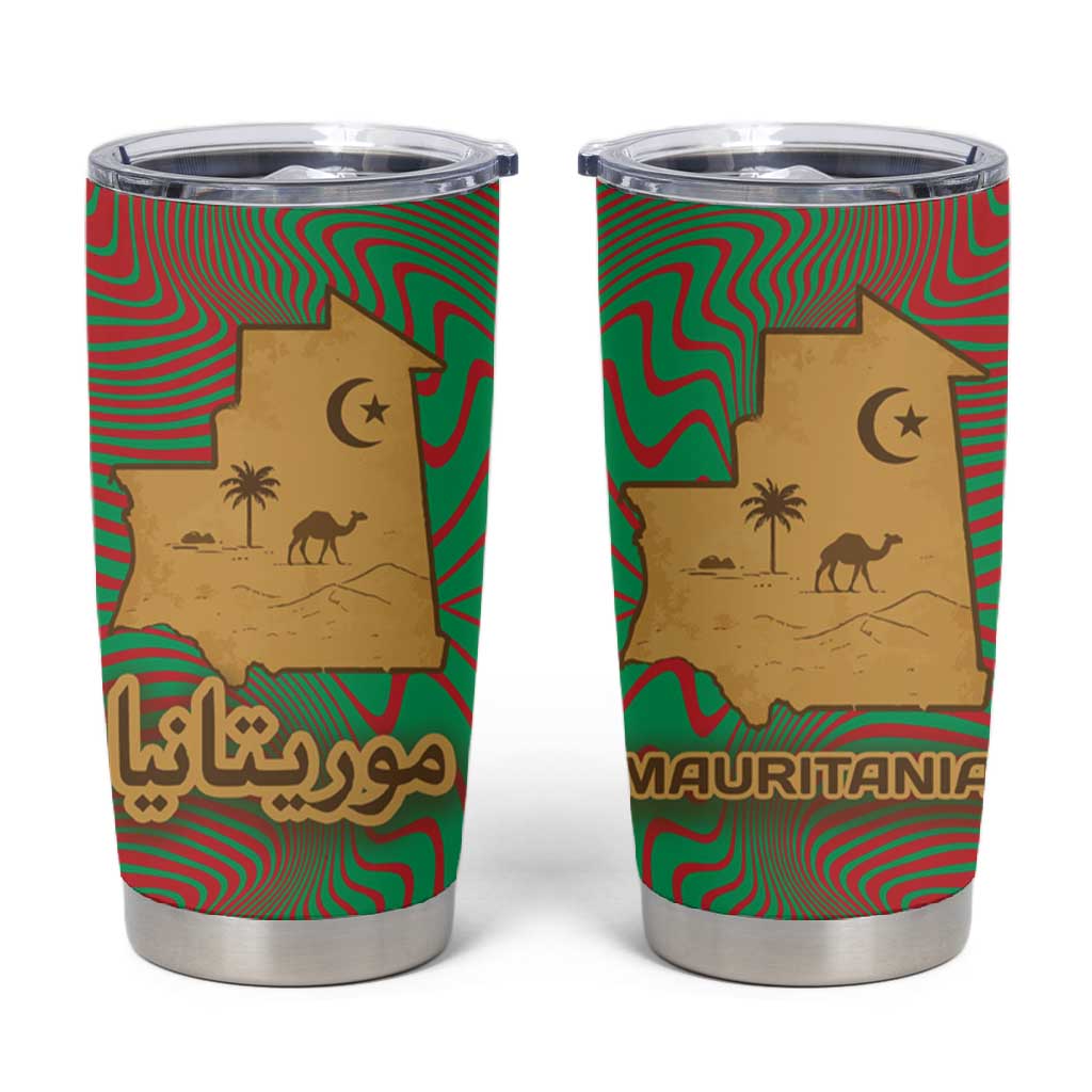 Mauritania Tumbler Cup - Desert Camel Crescent Moon and Palm Tree Graphic in Red Green Gold Pattern TS04