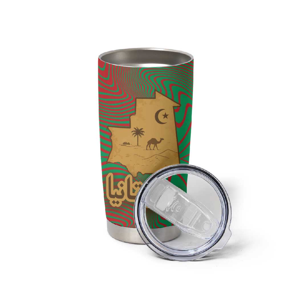 Mauritania Tumbler Cup - Desert Camel Crescent Moon and Palm Tree Graphic in Red Green Gold Pattern TS04
